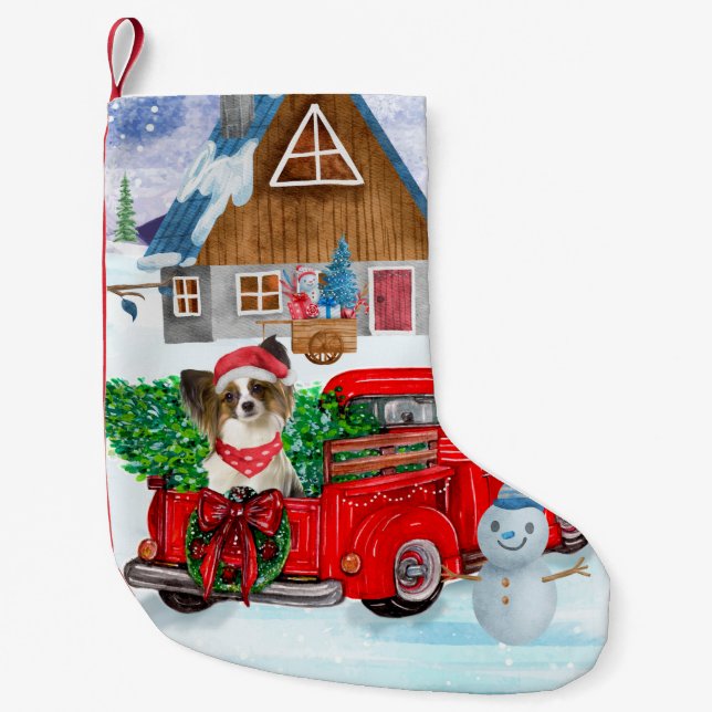 Papillon Dog In Christmas Delivery Truck Snow Small Christmas Stocking (Front)