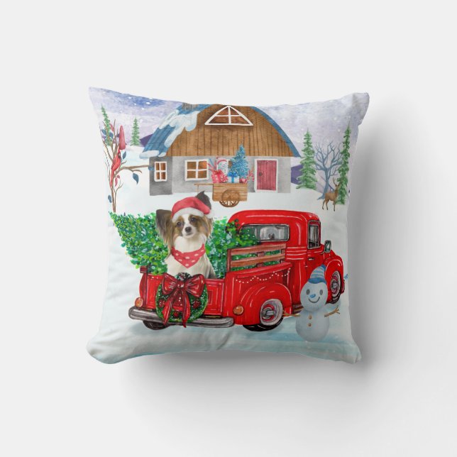 Papillon Dog In Christmas Delivery Truck Snow  Throw Pillow (Front)
