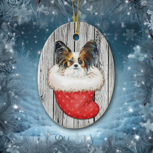 Papillon Dog in Christmas Stocking on Wood Ceramic Ornament