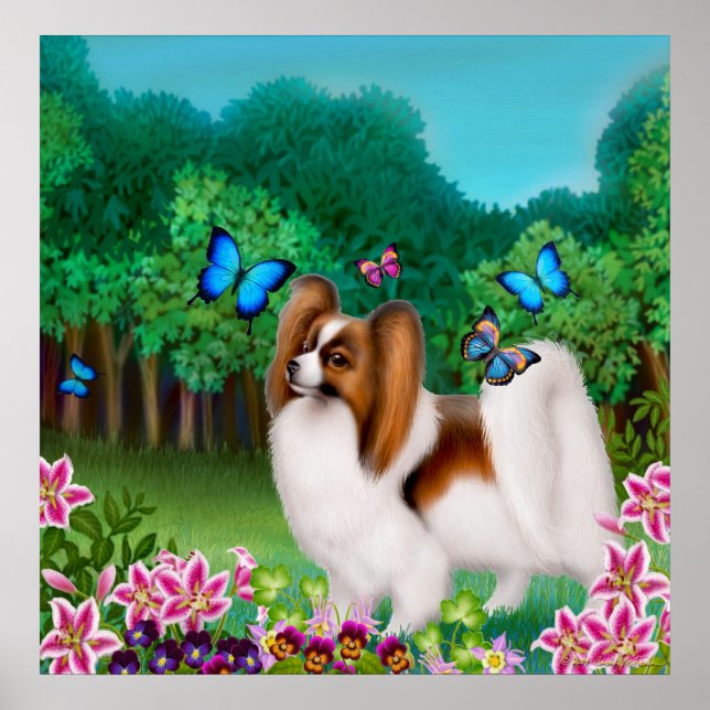 Papillon Dog in Garden Print (Front)