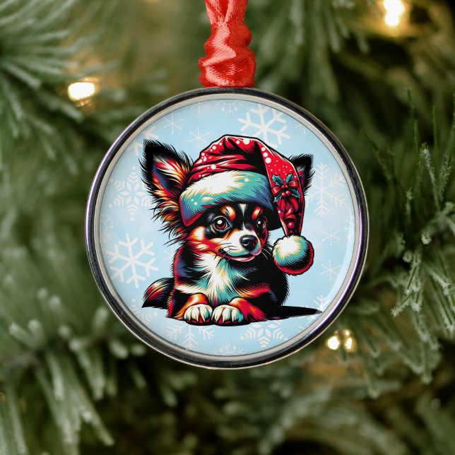 Papillon Dog in Santa Hat Christmas Metal Ornament (Tree)
