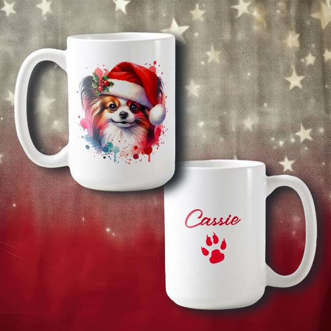 Papillon Dog in Santa Hat Christmas Personalized Coffee Mug (Creator Uploaded)