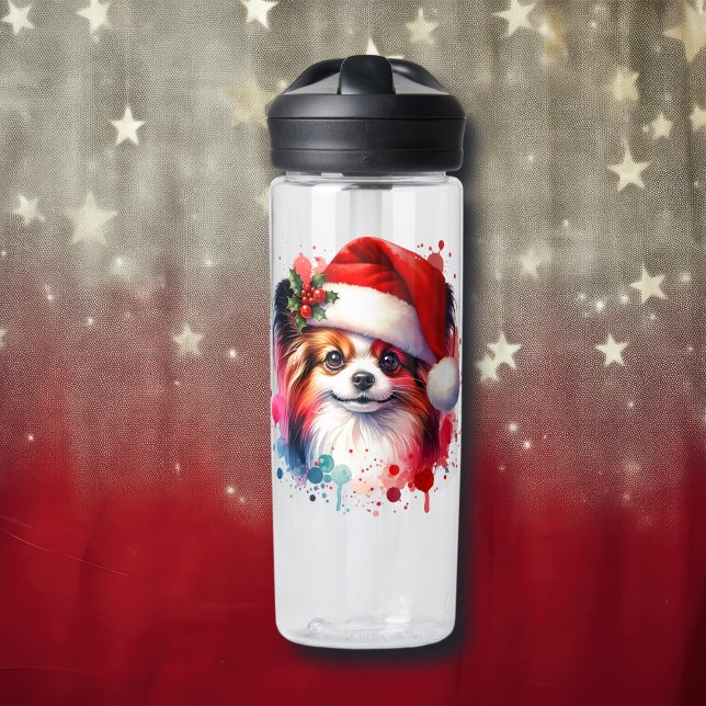 Papillon Dog in Santa Hat Christmas Personalized Water Bottle (Creator Uploaded)