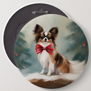 Papillon Dog in Snow Christmas 6 Inch Round Button
