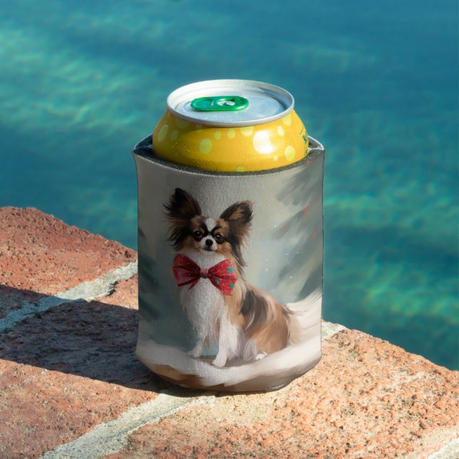 Papillon Dog in Snow Christmas  Can Cooler (In Situ Pool)