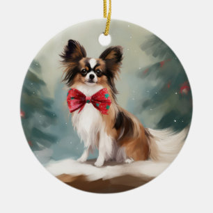 Papillon Dog in Snow Christmas Ceramic Ornament
