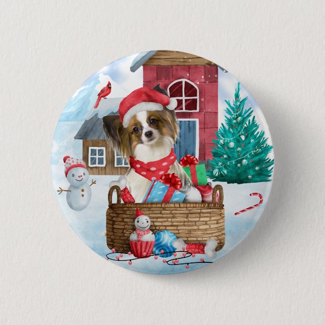 Papillon Dog In snow Christmas Dog House 2 Inch Round Button (Front)