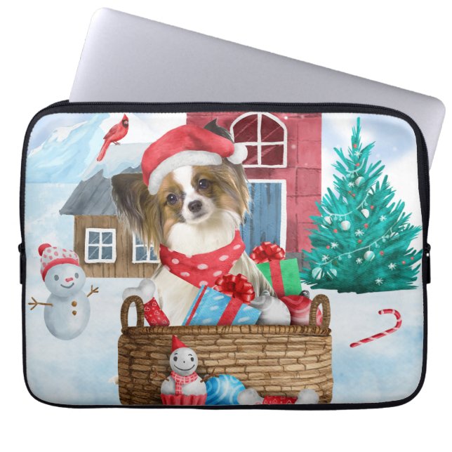 Papillon Dog In snow Christmas Dog House Laptop Sleeve (Front)