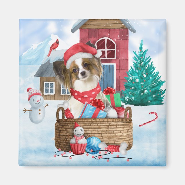 Papillon Dog In snow Christmas Dog House Magnet (Front)
