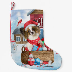 Papillon Dog In snow Christmas Dog House Small Christmas Stocking
