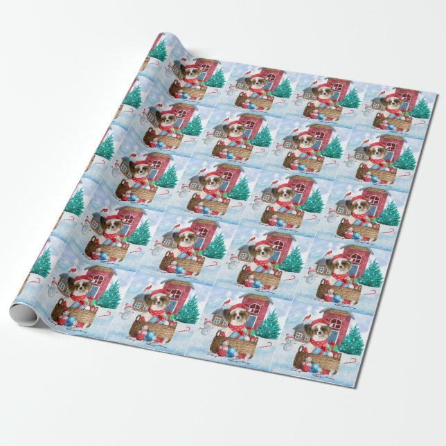 Papillon Dog In snow Christmas Dog House Wrapping Paper (Unrolled)