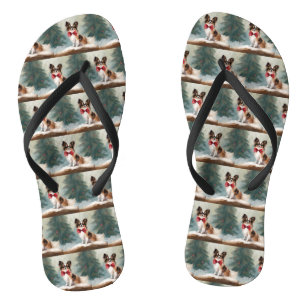 Papillon Dog in Snow Christmas Flip Flops