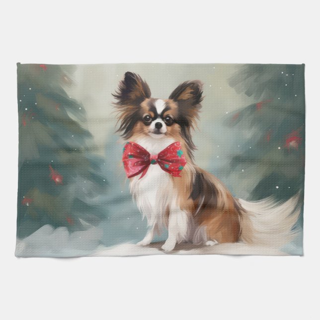 Papillon Dog in Snow Christmas  Kitchen Towel (Horizontal)