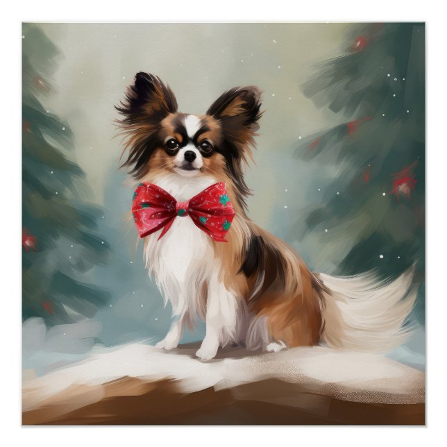 Papillon Dog in Snow Christmas  Poster (Front)