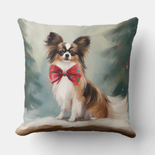 Papillon Dog in Snow Christmas  Throw Pillow