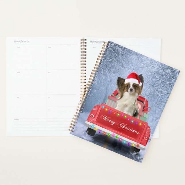 Papillon Dog in Snow sitting in Christmas Truck Planner (Display)