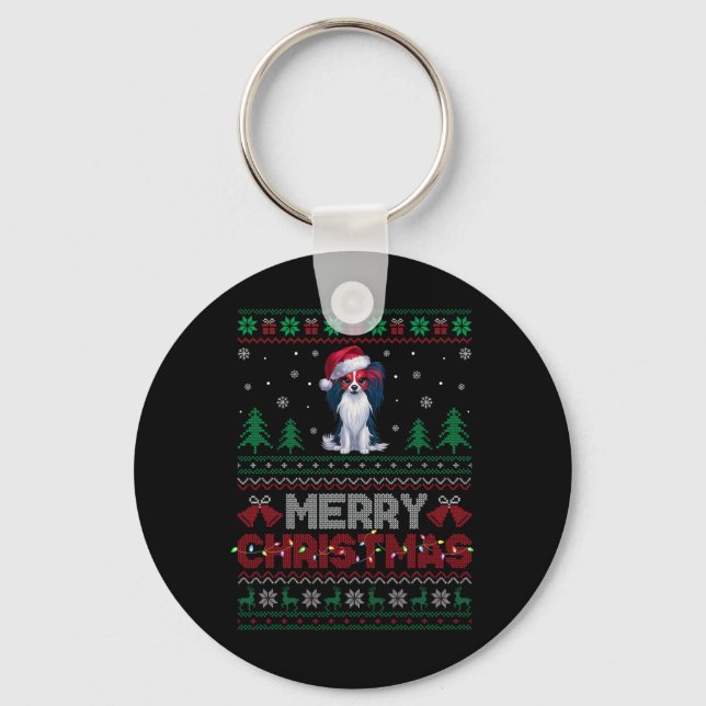 Papillon Dog Lovers Santa Hat Christmas Tree Light Keychain (Front)