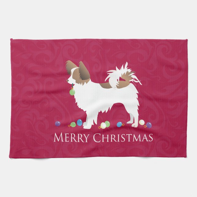 Papillon Dog Merry Christmas Design Kitchen Towel (Horizontal)