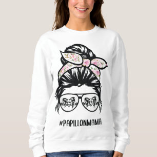 papillon dog mom messy bun hair glasses papillon m sweatshirt