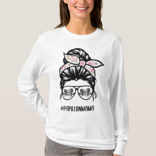 papillon dog mom messy bun hair glasses papillon m T-Shirt