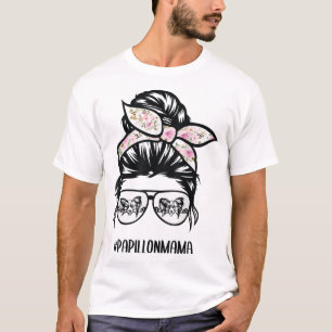 papillon dog mom messy bun hair glasses papillon m T-Shirt