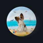 Papillon Dog on Beach 2 Inch Round Button<br><div class="desc">Cute dog sitting on beach is a perfect gift idea for someone who love this dog breed.</div>