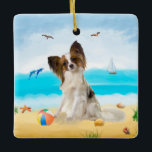 Papillon Dog on Beach Ceramic Ornament<br><div class="desc">Cute dog sitting on beach is a perfect gift idea for someone who love this dog breed.</div>
