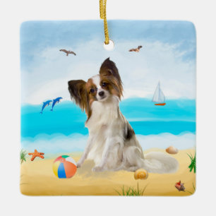 Papillon Dog on Beach Ceramic Ornament