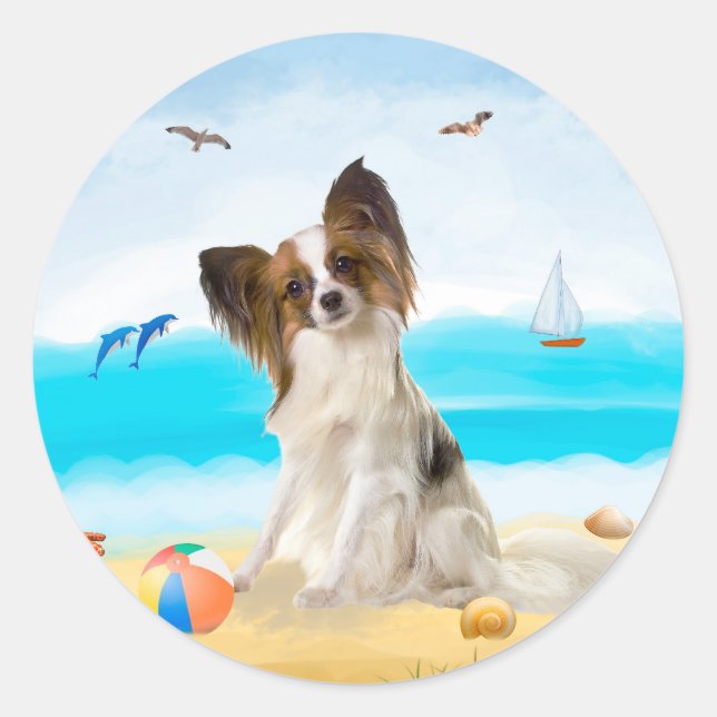 Papillon Dog on Beach Classic Round Sticker (Front)