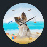 Papillon Dog on Beach Large Clock<br><div class="desc">Cute dog sitting on beach is a perfect gift idea for someone who love this dog breed.</div>