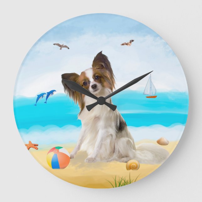 Papillon Dog on Beach Large Clock (Front)