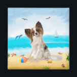Papillon Dog on Beach Magnet<br><div class="desc">Cute dog sitting on beach is a perfect gift idea for someone who love this dog breed.</div>