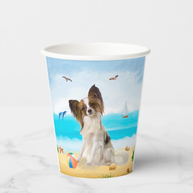 Papillon Dog on Beach Paper Cups (Front)