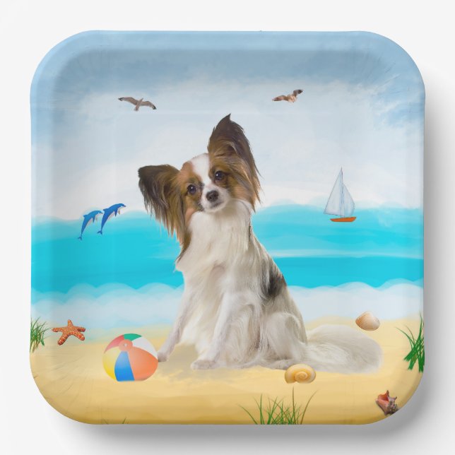 Papillon Dog on Beach Paper Plate (Front)