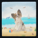 Papillon Dog on Beach Stone Coaster<br><div class="desc">Cute dog sitting on beach is a perfect gift idea for someone who love this dog breed.</div>