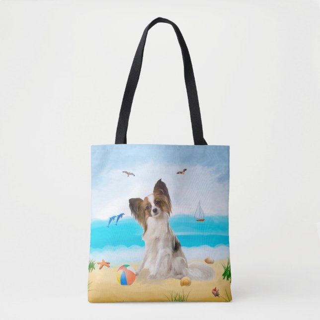 Papillon Dog on Beach Tote Bag (Front)