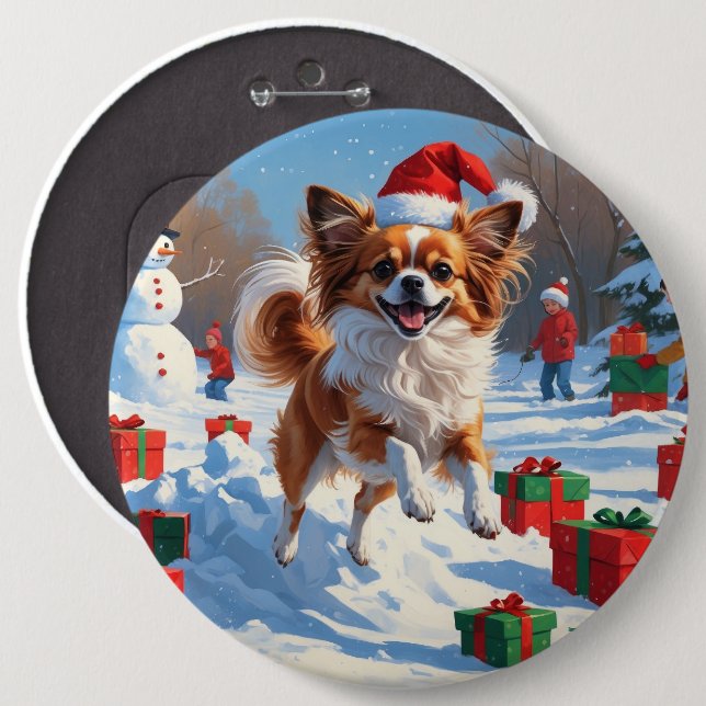 Papillon Dog Running in Snow with Christmas Hat 6 Inch Round Button (Front & Back)