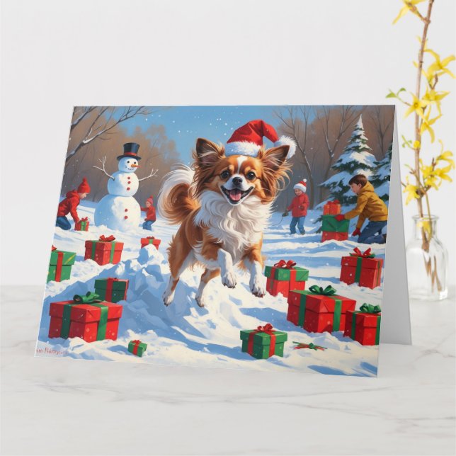 Papillon Dog Running in Snow with Christmas Hat Card (Yellow Flower)