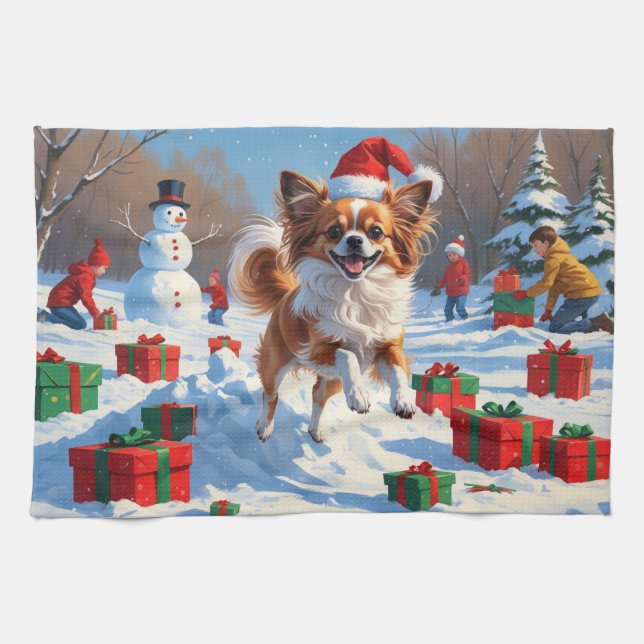 Papillon Dog Running in Snow with Christmas Hat Kitchen Towel (Horizontal)