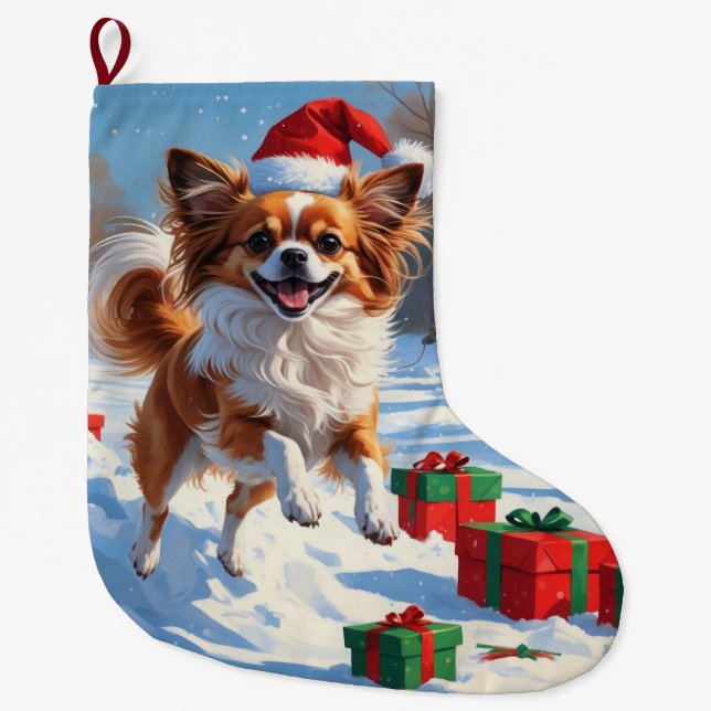 Papillon Dog Running in Snow with Christmas Hat Large Christmas Stocking (Front)