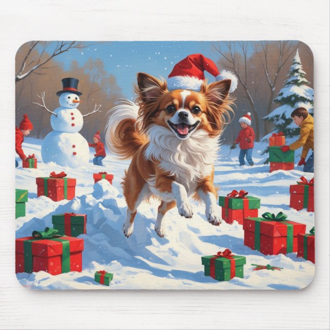 Papillon Dog Running in Snow with Christmas Hat Mouse Pad (Front)