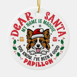 Papillon Dog Santa Christmas Tree Personalized Ceramic Ornament