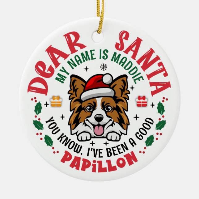 Papillon Dog Santa Christmas Tree Personalized Ceramic Ornament (Front)