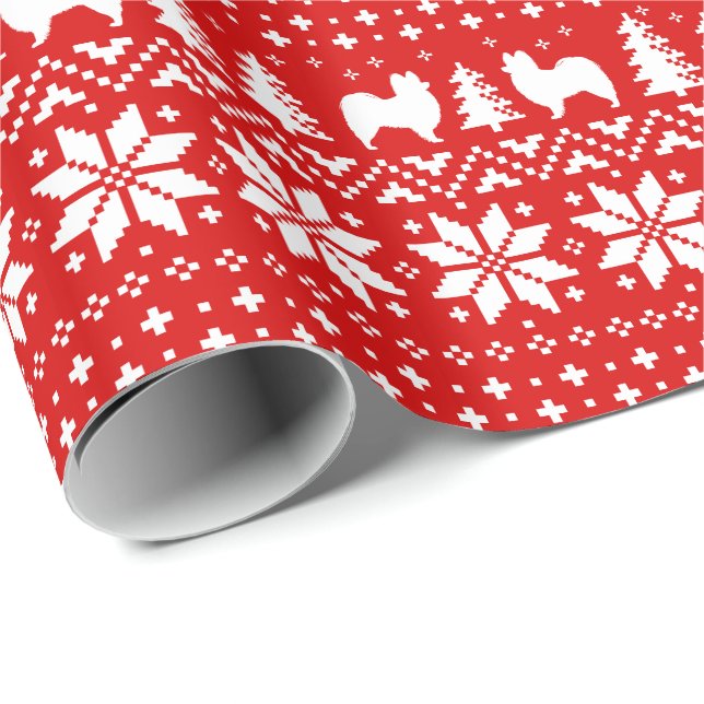 Papillon Dog Silhouettes Christmas Holiday Pattern Wrapping Paper (Roll Corner)