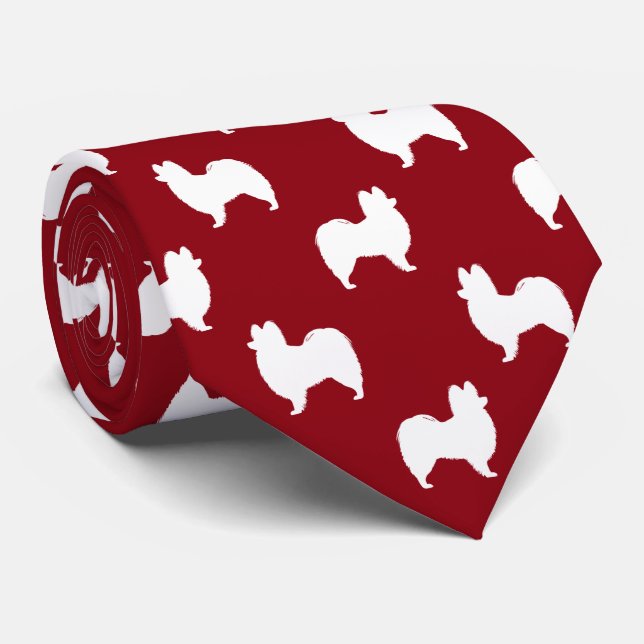 Papillon Dog Silhouettes Pattern Red and White Tie (Rolled)