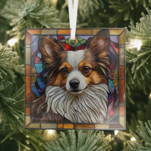 Papillon Dog "Stained Glass" Glass Ornament