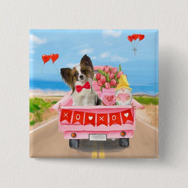 Papillon Dog Valentine's Day Truck Hearts 2 Inch Square Button (Front)