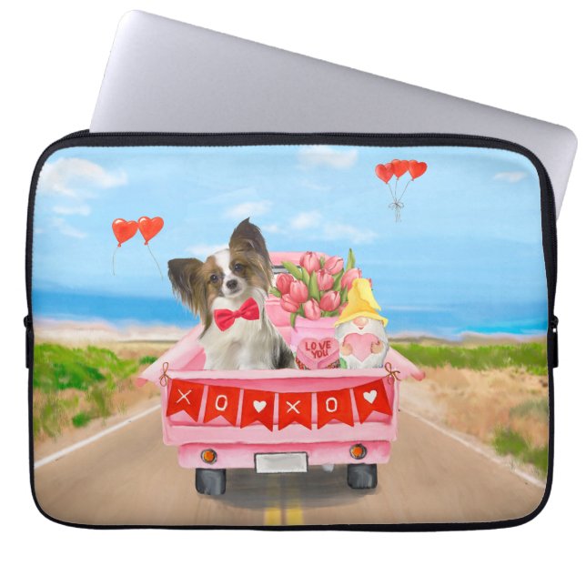 Papillon Dog Valentine's Day Truck Hearts Laptop Sleeve (Front)