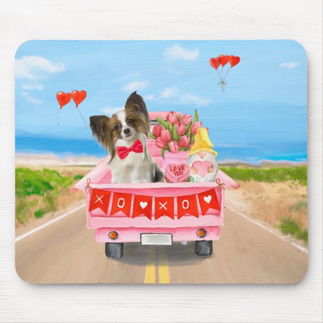 Papillon Dog Valentine's Day Truck Hearts Mouse Pad (Front)