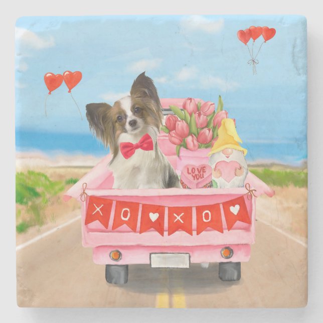 Papillon Dog Valentine's Day Truck Hearts Stone Coaster (Front)